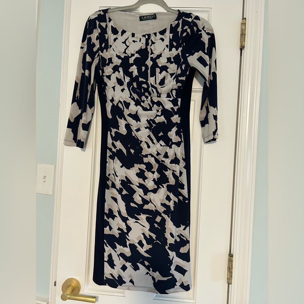 Ralph Lauren Navy and Beige Long Sleeve Dress